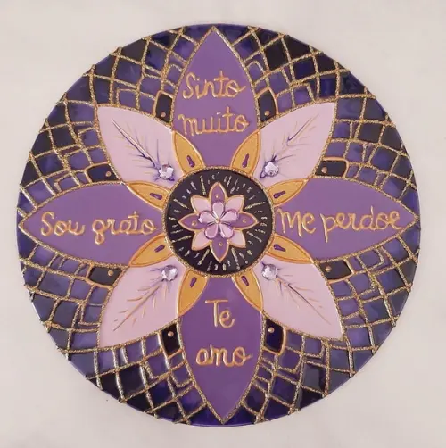 Mandala Ho'oponopono Lilas e Violeta 30cm em Vidro de Parede