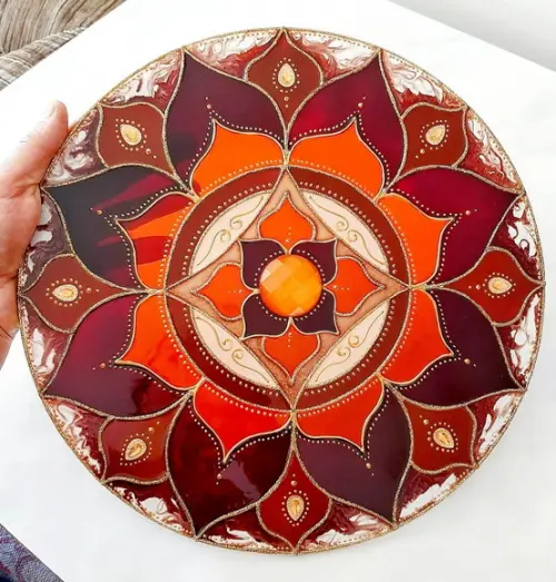 Mandala Marrom e Laranja 30cm Vidro de Parede