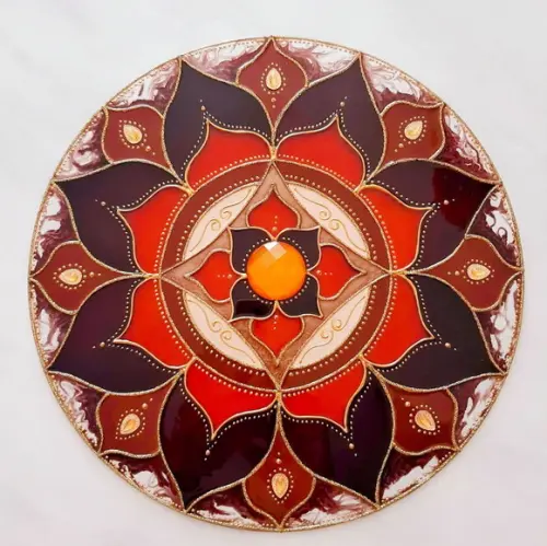 Mandala Marrom e Laranja 30cm Vidro de Parede