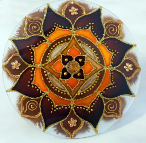 Mandala Marrom e Laranja Vidro 30cm