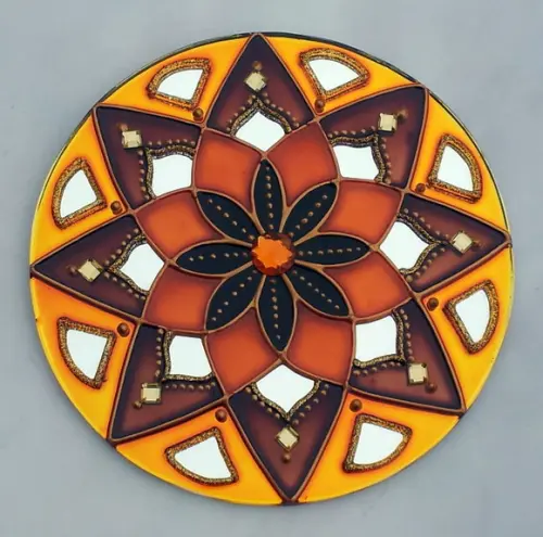 Mandala Marrom Laranja e Amarelo em Espelho de 40cm