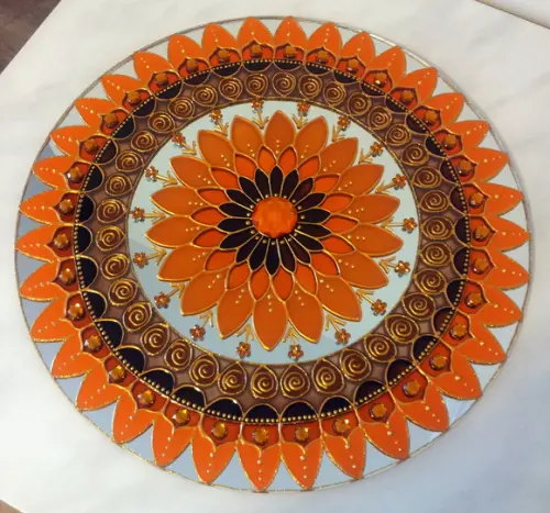 Mandala Prosperidade Laranja e Marrom em Espelho de 30cm