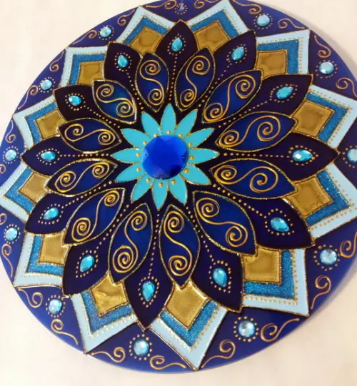 Mandala Sabedoria Azul e Dourado Vidro 40cm (de Parede)