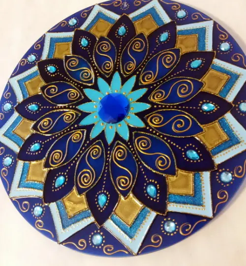 Mandala Sabedoria Azul e Dourado Vidro de 50cm (de Parede)