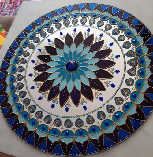 Mandala Serenidade em Espelho de 50cm (borda Azul)