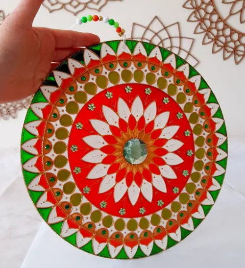 Mandala Vitral Verde Laranja 30cm