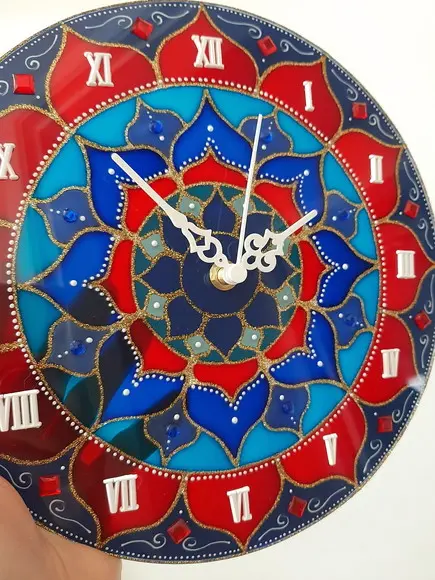 Relógio Mandala Flor Azul e Vermelho 25cm