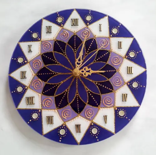 Relógio Mandala Vitral Azul Violeta e Branco 25cm