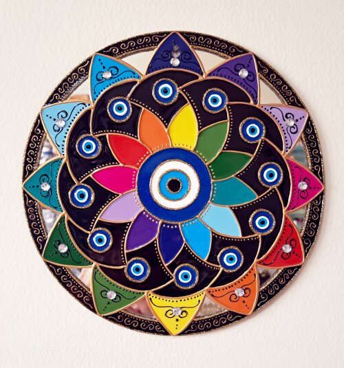 Espelho Decorativo Mandala Olho Grego pétalas coloridas 20cm