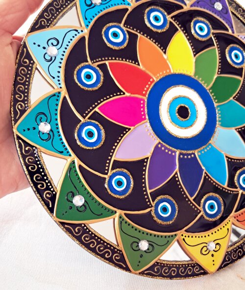 Espelho Decorativo Mandala Olho Grego pétalas coloridas 20cm