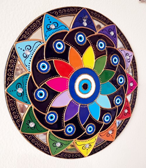 Espelho Decorativo Mandala Olho Grego pétalas coloridas 20cm