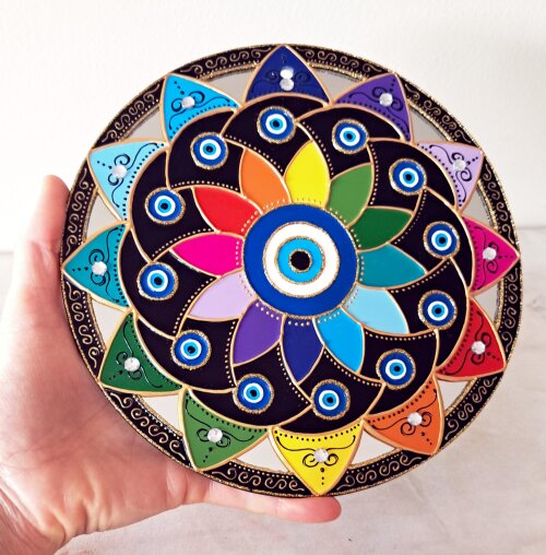 Espelho Decorativo Mandala Olho Grego pétalas coloridas 20cm