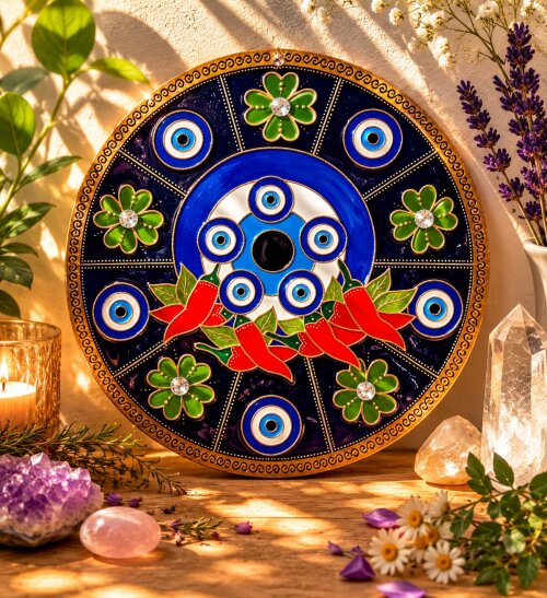 Mandala de proteção olho grego pimenta pintada em vidro 30cm