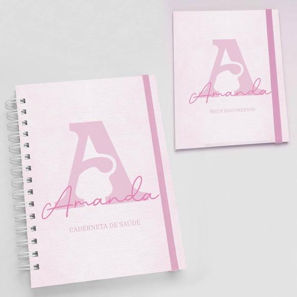 Kit Caderneta de Vacinas + Porta Documentos Linho Rosa
