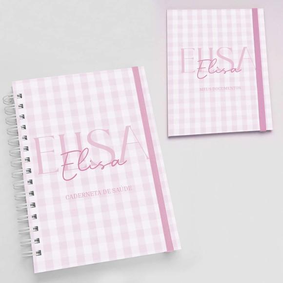Kit Caderneta de Vacinas + Porta Documentos Xadrez Rosa