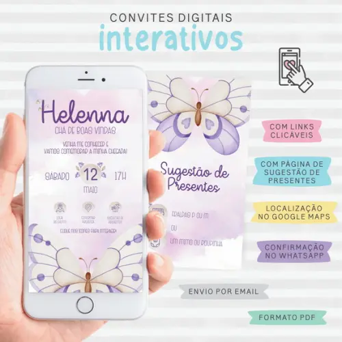 Convite Digital Interativo Borboletas Lilás