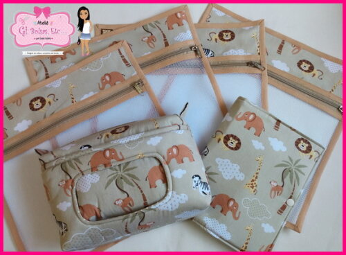 Kit Necessaire Bebê + Capa Caderneta + 4 Saquinhos Filó