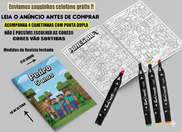 Revista de Colorir Minecraft + Canetinha Dupla Ponta