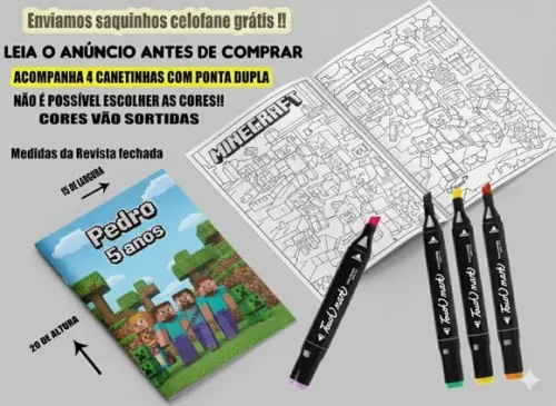 Revista de Colorir Minecraft + Canetinha Dupla Ponta