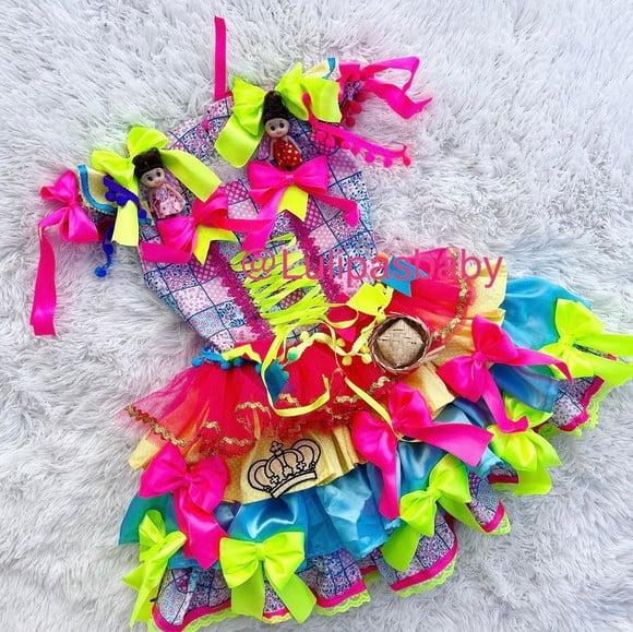 Vestido Junino, Vestido Caipira Infantil Neon