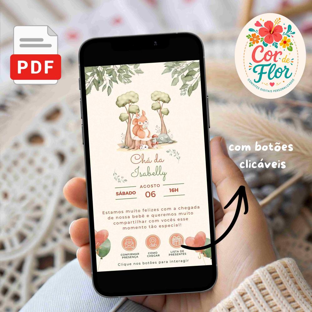 Convite Digital Chá de Bebê Menina Bosque - Esquilo