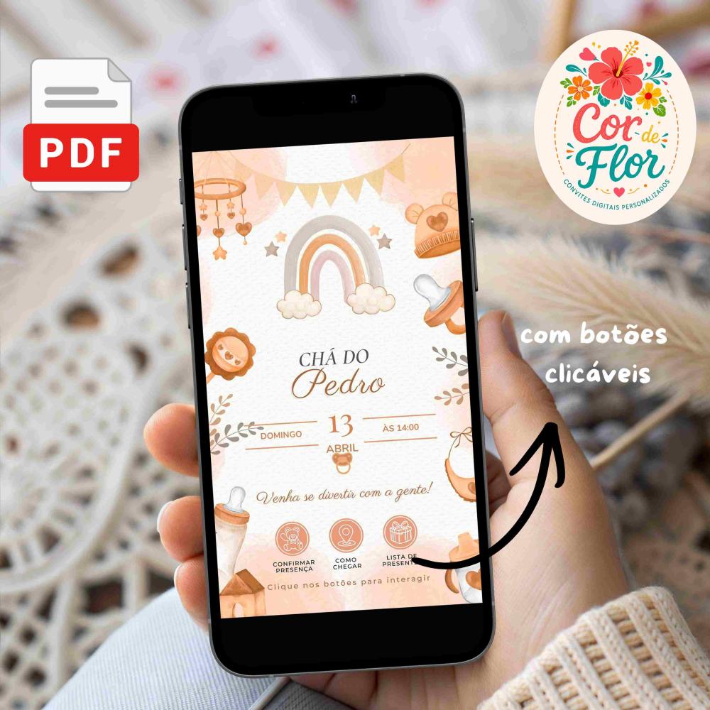 Convite Chá de Bebê Arco-Íris Boho em Tons Terrosos