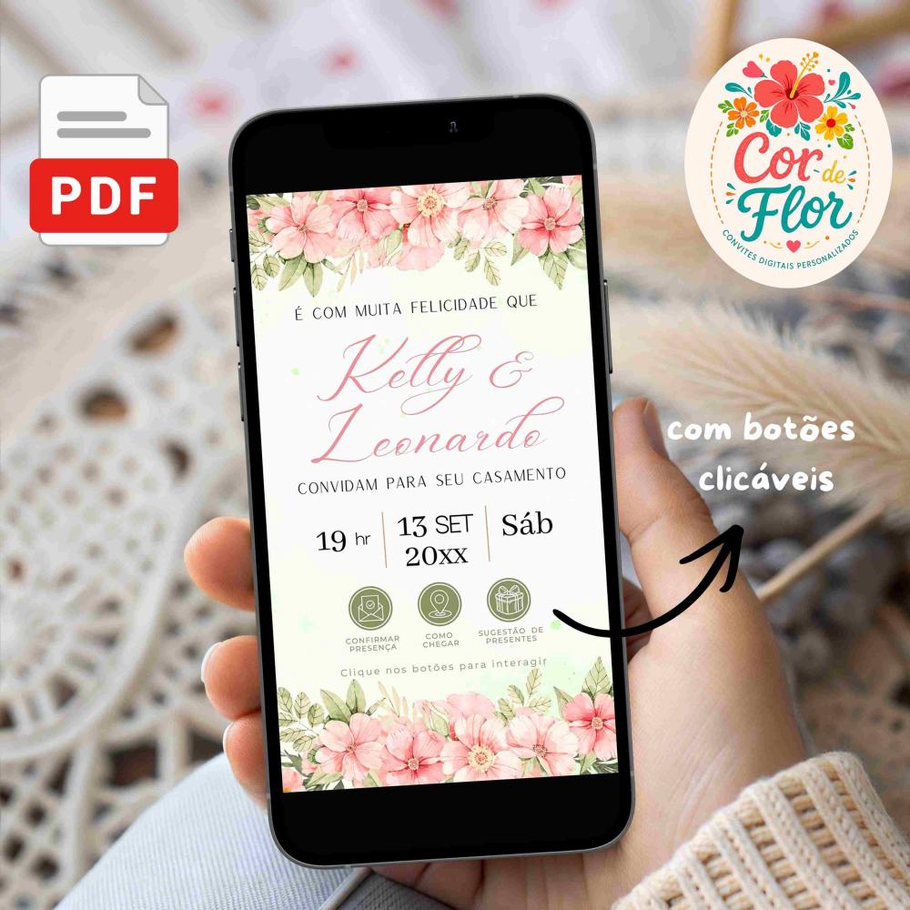 Convite Digital Casamento Floral Rosa e Flores em Aquarela