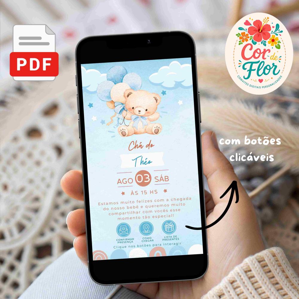 Convite Digital Interativo Chá de Bebê Menino Tema Ursinho Bal?