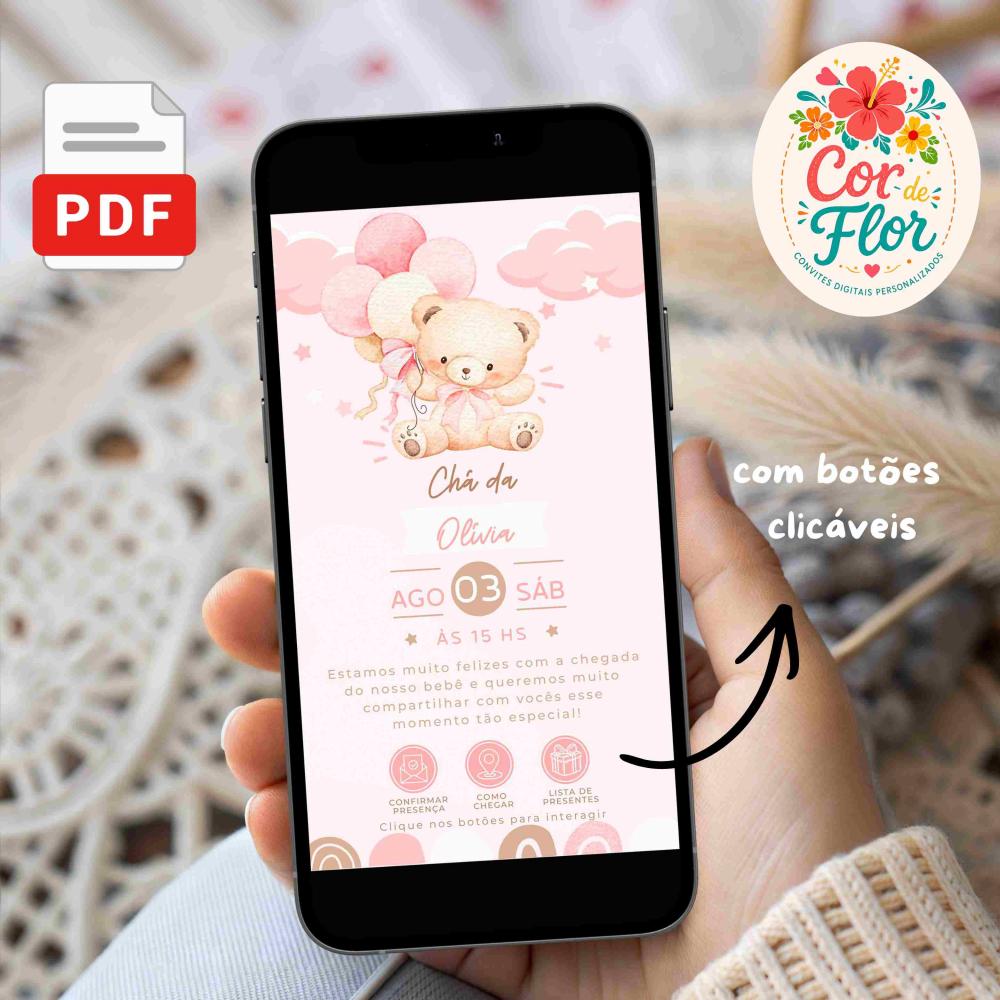 Convite Chá de Bebê ou Fraldas Menina Ursinha Rosa
