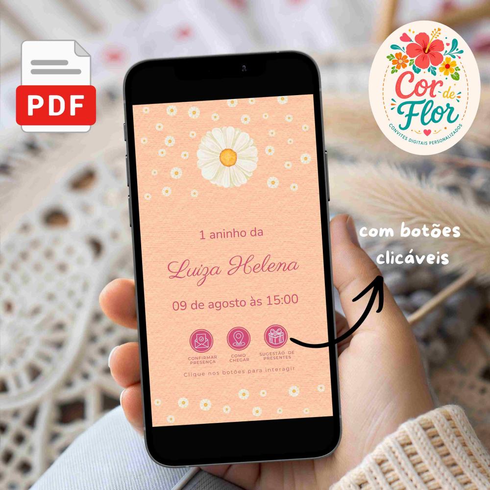 Convite Digital Interativo 1 Aninho Tema Margaridas Boho Coral P?