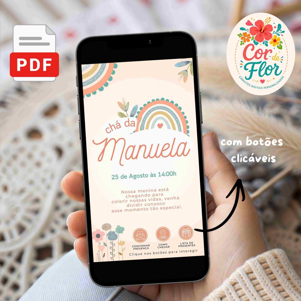 Convite Chá de Bebê ou Chá de Fraldas Menina Arco-Íris Boho