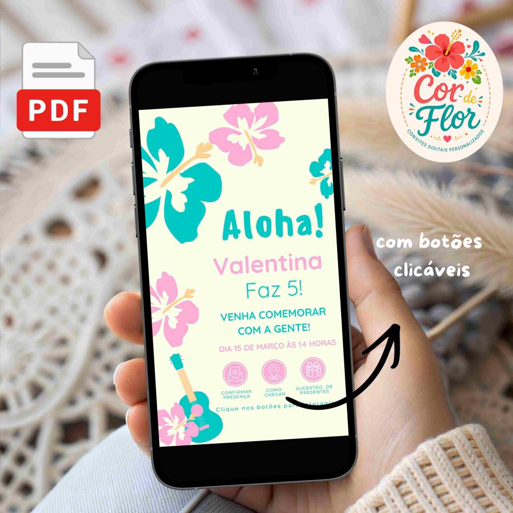 Convite Digital Aniversário Havaiano Aloha Luau Menina