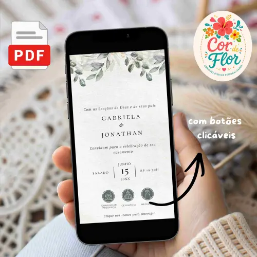 Convite Digital Interativo Casamento Tema Folhagem Verde Minimalista Clássico