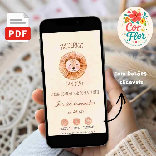 Convite Digital Interativo 1 Aninho Tema Leãozinho Safari Boho Menino