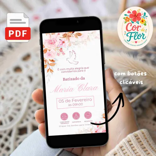 Convite Digital Interativo Batizado Menina Tema Pombinha Floral Rosa