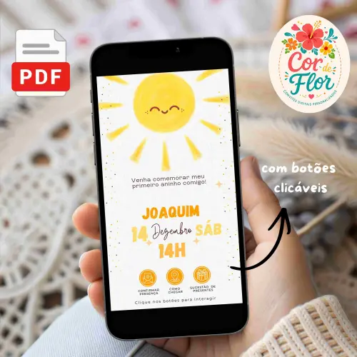 Convite Digital Interativo 1 Aninho Tema Minha Primeira Volta ao Sol Menino