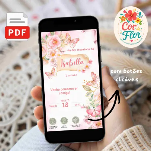 Convite Digital Interativo 1 Aninho Tema Borboletas Jardim Encantado Menina