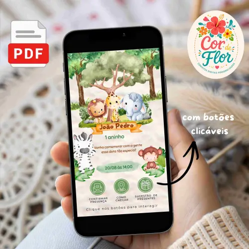 Convite Digital Interativo 1 Aninho Tema Safari Bichinhos da Selva Menino
