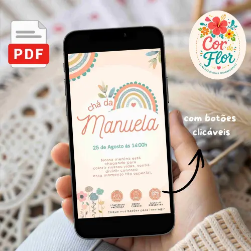 Convite Digital Interativo Chá de Bebê Chá de Fraldas Menina Tema Arco-Íris Boho Tons Terrosos