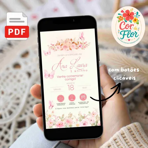 Convite Digital Interativo 1 Aninho Tema Jardim Encantado Flores e Borboletas Menina