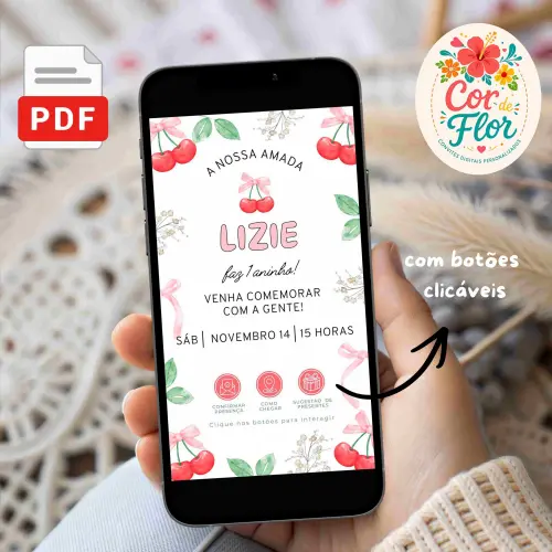 Convite Digital Interativo 1 Aninho Tema Cerejinha Coquette Laço Rosa Menina