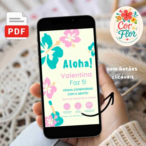 Convite Digital Interativo Tema Havaiano Aloha Luau Menina
