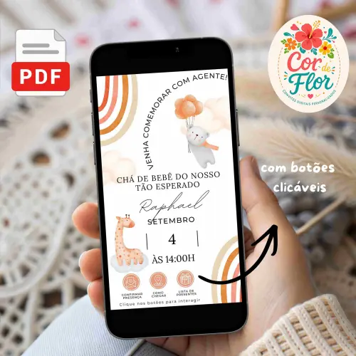 Convite Digital Interativo Chá de Fraldas com Ursinho Balões e Arco-Íris Boho Creme