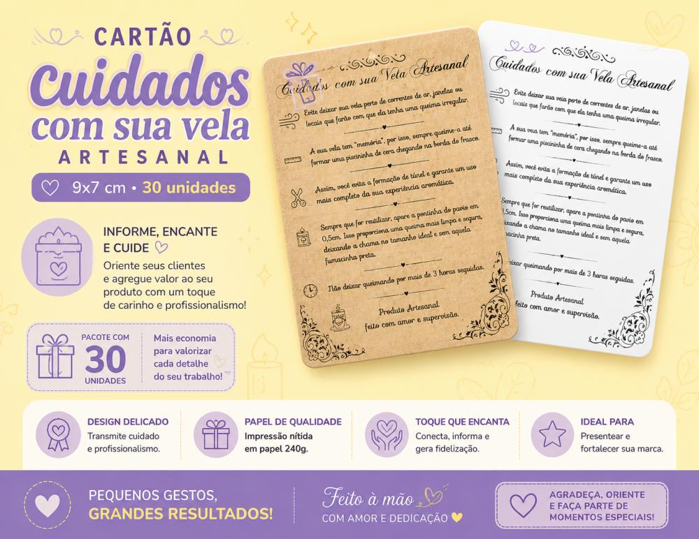 Cartão cuidados com sua vela artesanal 30 und