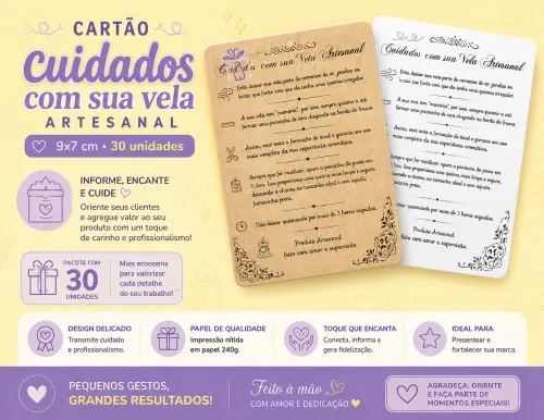 Cartão cuidados com sua vela artesanal 30 und