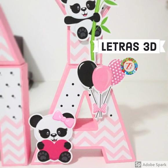 Letras e Números 3D - Tema PANDA ROSA