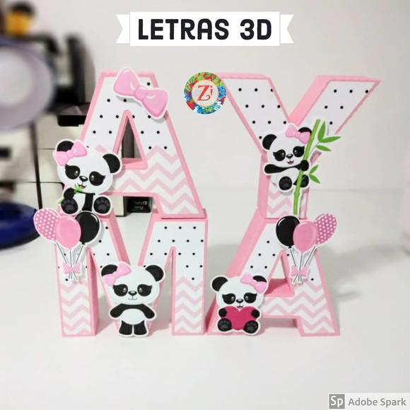 Letras e Números 3D - Tema PANDA ROSA