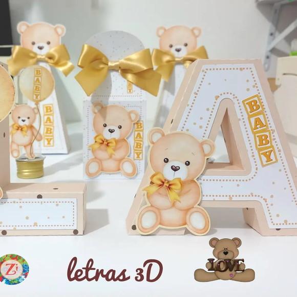 Letras e Números 3d - Tema Ursinho Aquarela Dourado