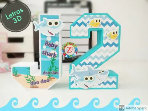 Letras e Números 3D - tema BABY SHARK