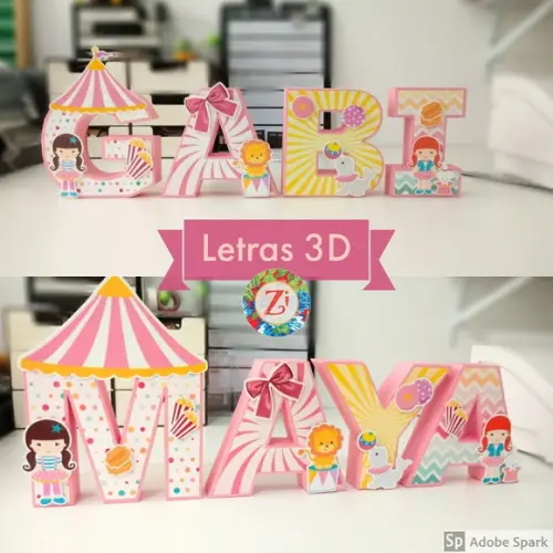 Letras e Números 3D - Tema CIRCO ROSA (TAM 20CM)